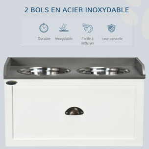 Gamelle double chien chat - porte-gamelles surélevé rangement 2 en 1 - tiroir, 2 gamelles - acier inox. MDF blanc gris