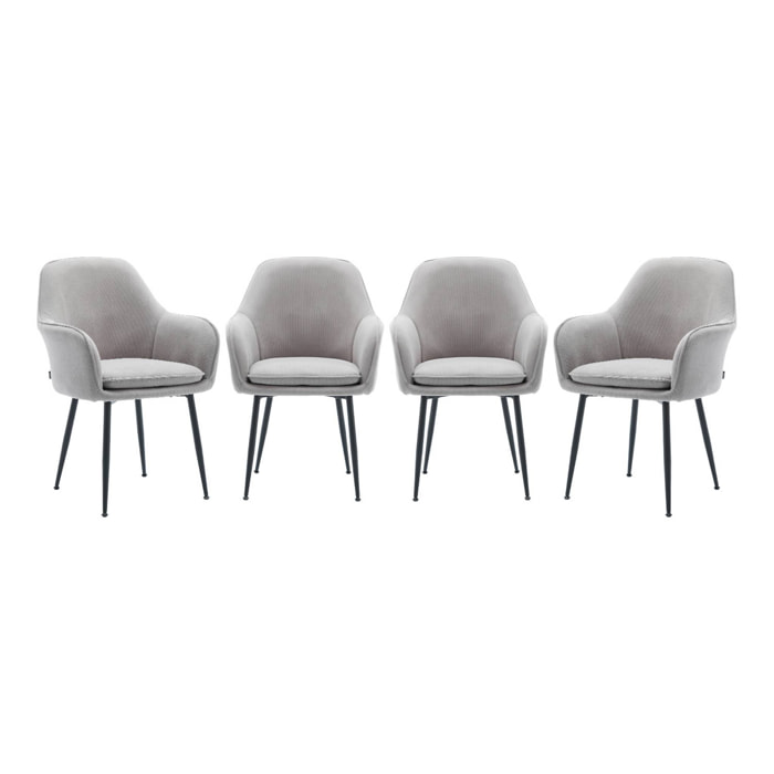 Lot de 4 fauteuils en velours côtelé gris clair et pieds en métal noir mat. L 57 x P 59 x H 84.5cm