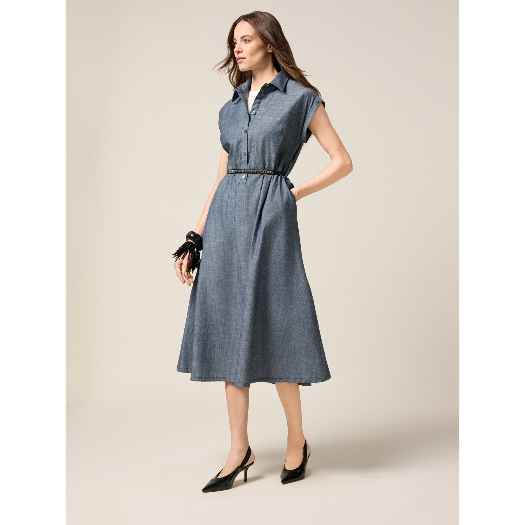 Oltre - Chemisier in tessuto misto lino effetto denim - Blu