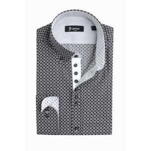 Camicia Uomo 1 Bottoni Button Down Slim Popeline Stampato Nero/Bianco