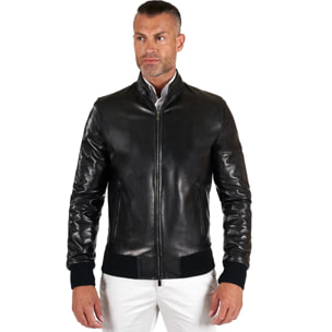 Giubbotto Bomber in pelle nappa nera colletto con bottoni