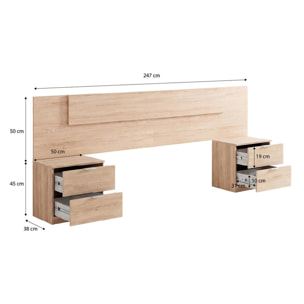 Cabecero para cama de 135-150 cm y 2 mesitas con cajones en roble canadian Akari Roble Canadian