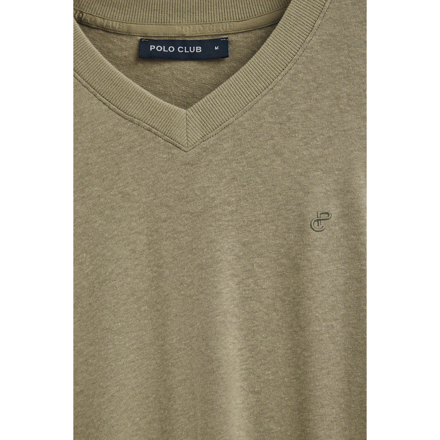 Camiseta verde en lino y algodón de cuello en pico y monograma bordado