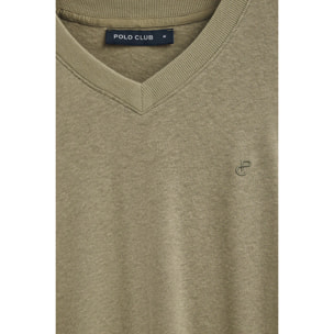 Camiseta verde en lino y algodón de cuello en pico y monograma bordado