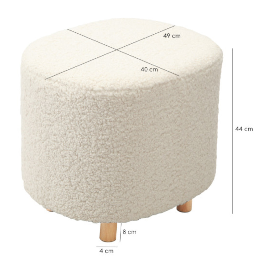 Pouf bouclette blanc en tissu imitation laine pieds en bois - BOUCLE