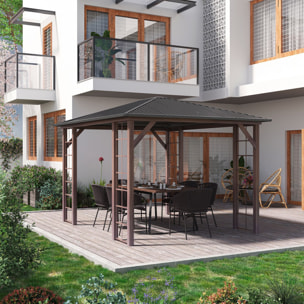 Pergola pavillon de jardin avec toit rigide imperméable - dim. 364L x 299l x 280H cm - métal aspect bois gris foncé