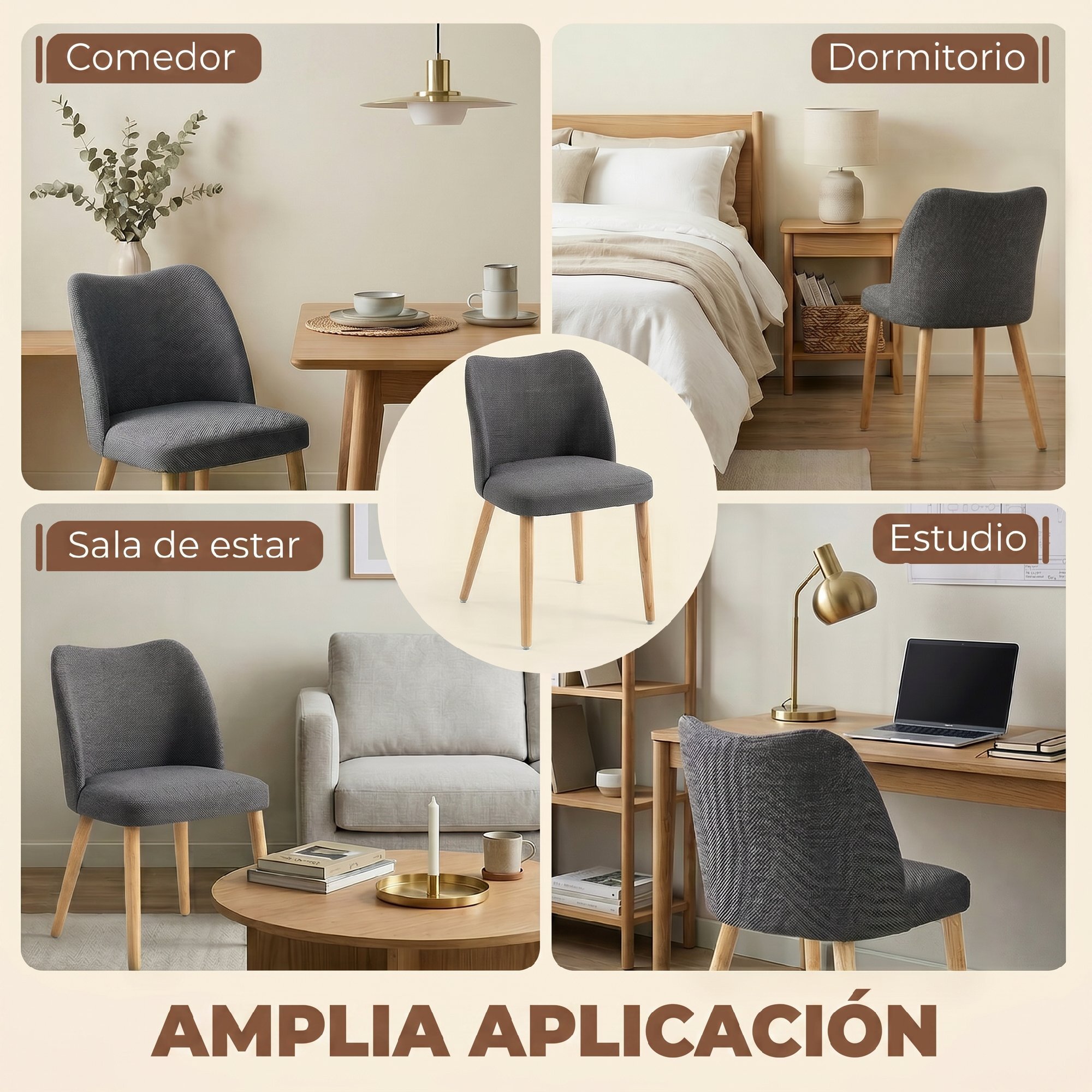 Pack de 2 Sillas de Comedor, Sillas de Cocina Nórdicas, Tapizadas de Lino, Respaldo Curvo, Asiento Acolchado, Patas de Madera, Gris Claro