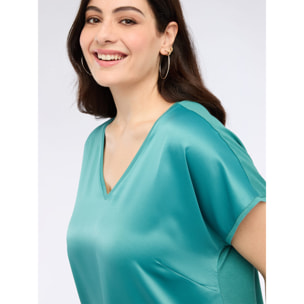 Fiorella Rubino - T-shirt bimaterica con scollo a V - Ottanio