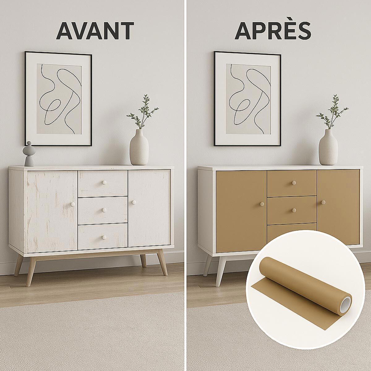 Rouleau adhésif décoratif Vinyle au Mètre - Marron clair - Sticker Lavable Imperméable Mur Cuisine Meubles
