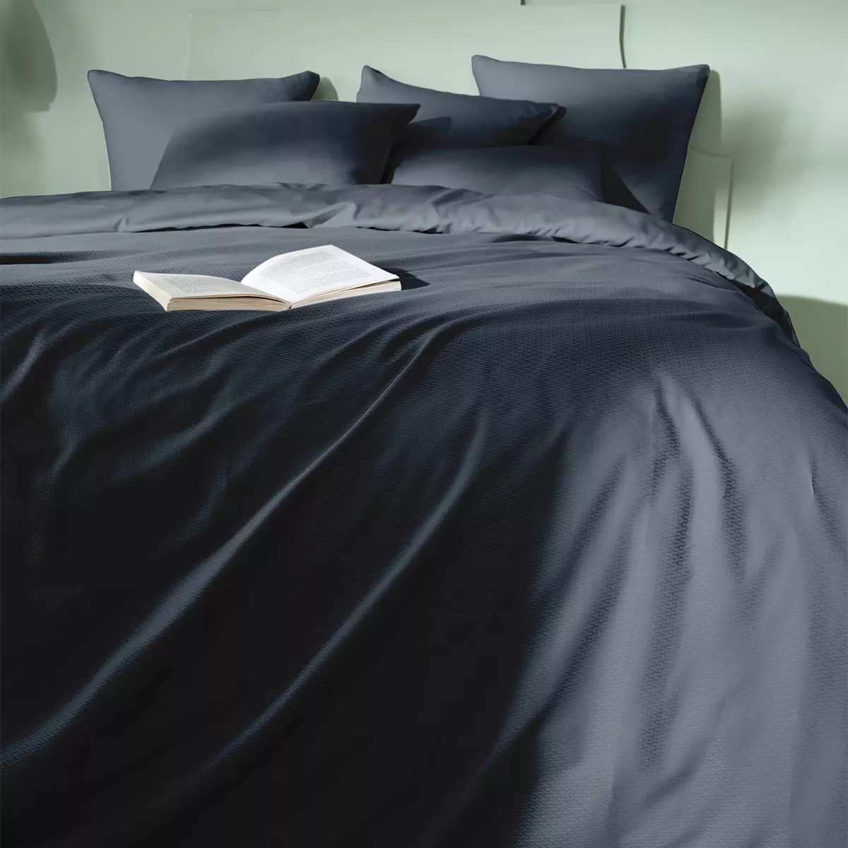 Housse de couette satin de coton motif jacquard bleu Vibrato bleu nuit
