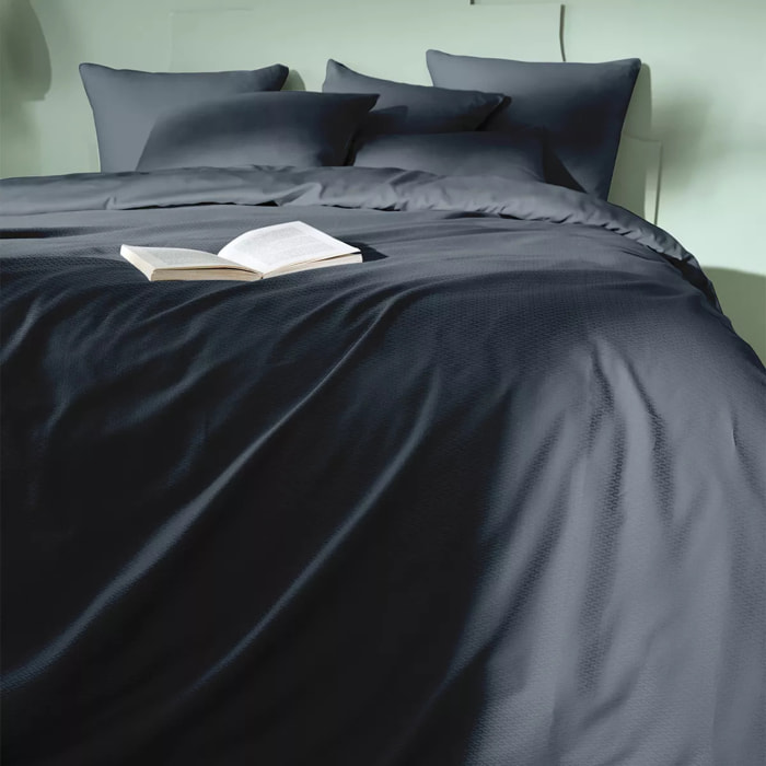 Housse de couette satin de coton motif jacquard bleu Vibrato bleu nuit