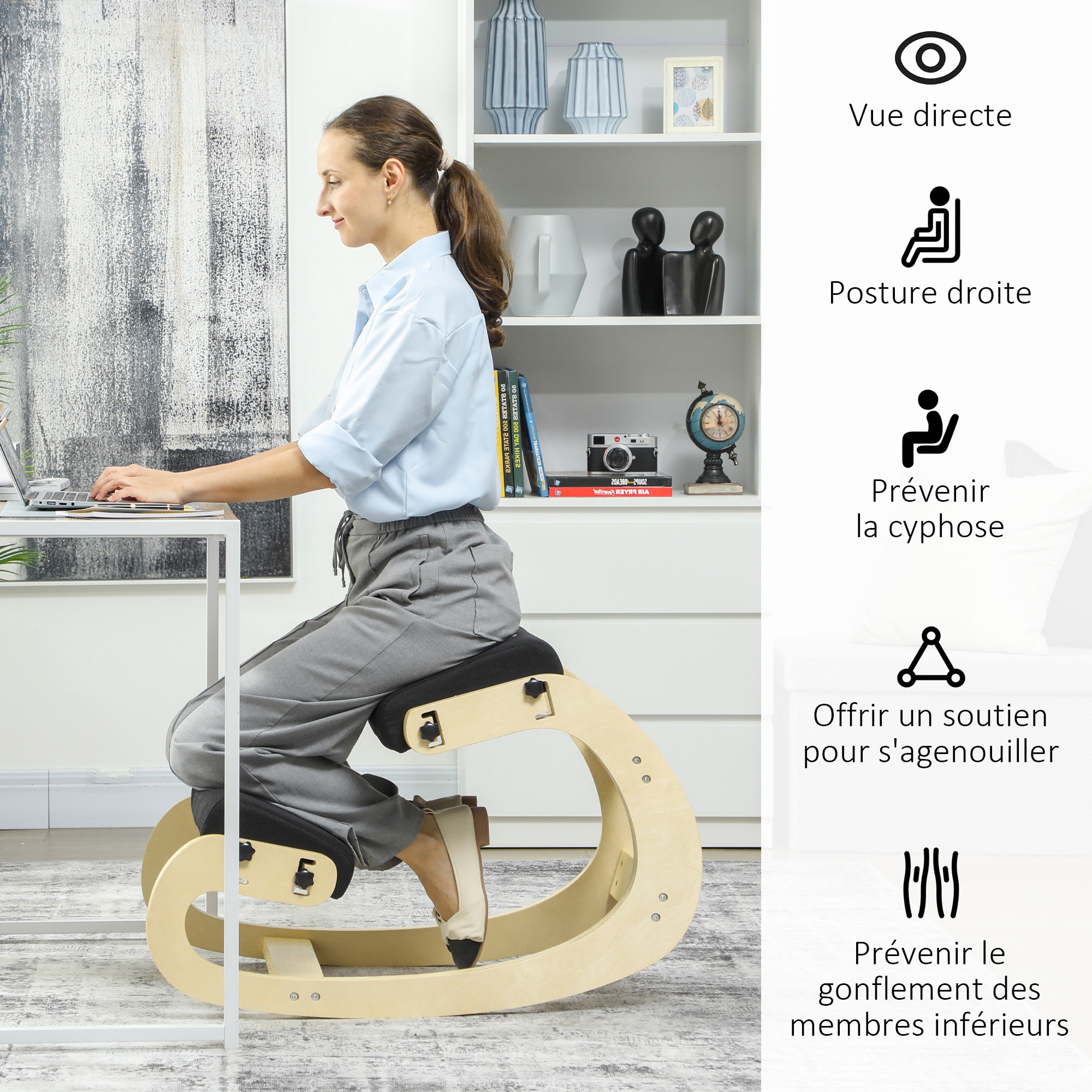 Siège ergonomique - siège assis-genoux - chaise assis genoux grand confort - bois bouleau tissu noir