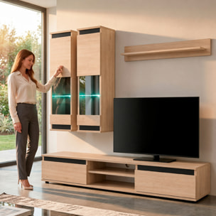 Parete Attrezzata Soggiorno Mobile Tv Vetrine Led Mensola Moderno Living Arredo Contenitore Vani Giorno Resistente 175x150x37 Cm Rovere Chiaro E Nero