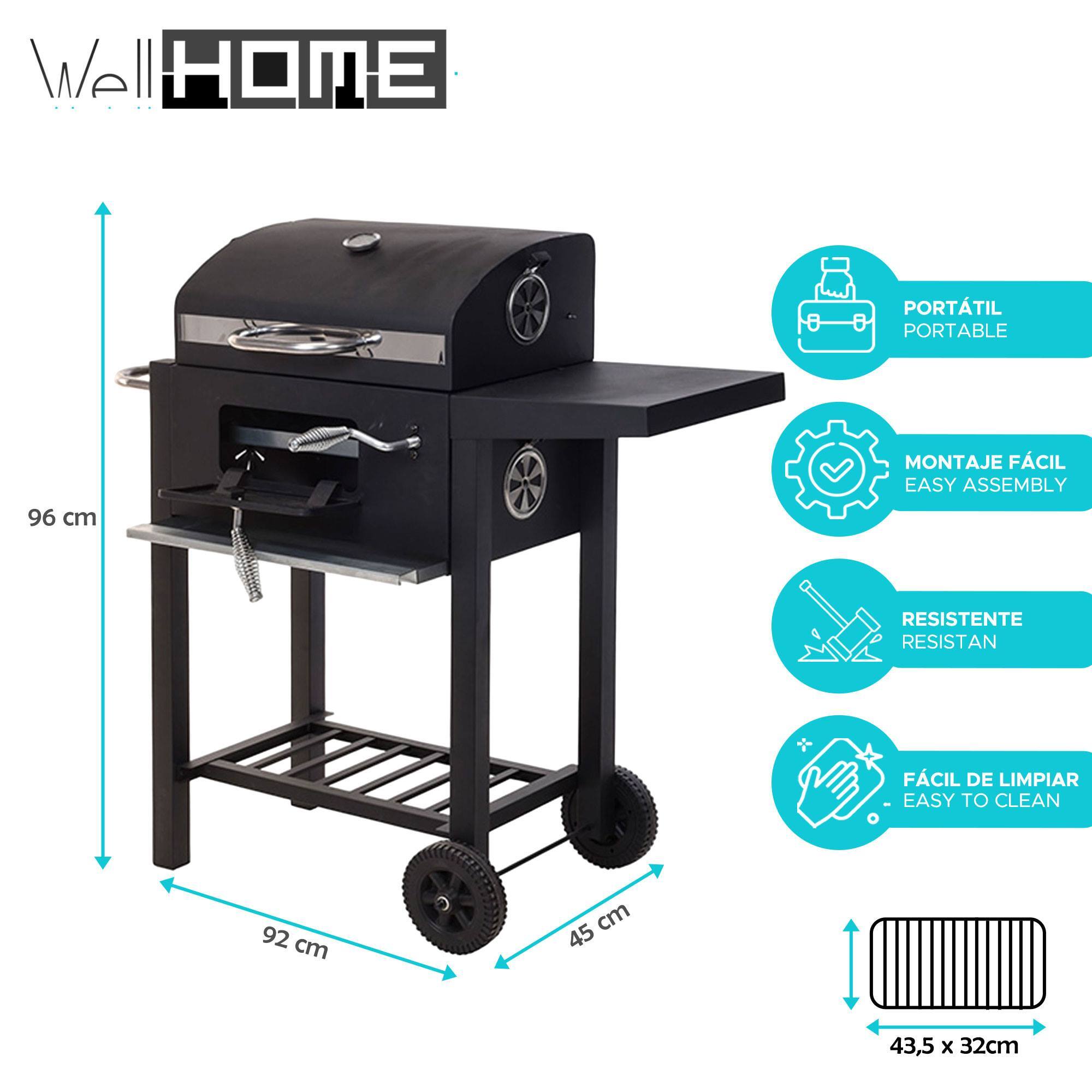 WELL HOME - Barbacoa de carbón color negro con doble parrilla y mesa auxiliar H.96cm