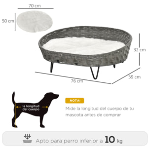 Cama para Perros Gatos de Mimbre Cesta Ratán para Mascotas Medianas Pequeñas con Cojín Lavable y Patas Elevadas de Acero 76x59x32 cm Gris y Blanco