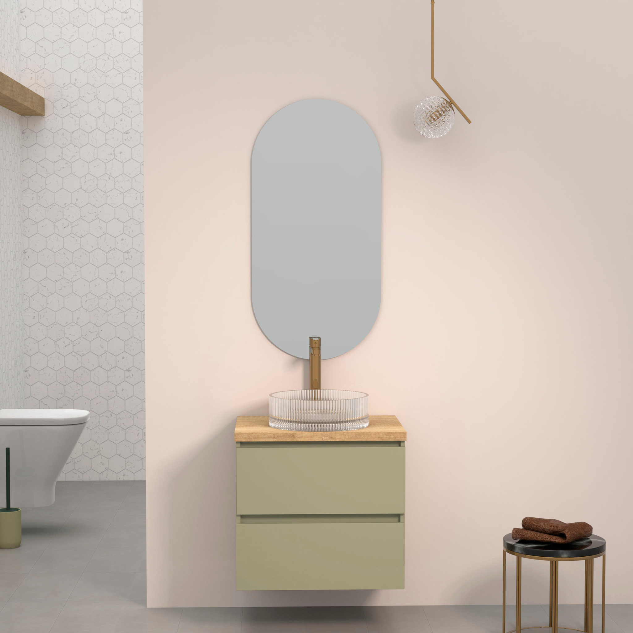 Ensemble de Salle de Bains Kub | 60 cm Vert Cactus| Deux Tiroirs | Évier en Verre | Miroir non inclus | Meubles Assemblés | Alday