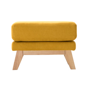 Pouf repose-pieds déhoussable scandinave en tissu effet velours jaune moutarde et bois clair OSLO