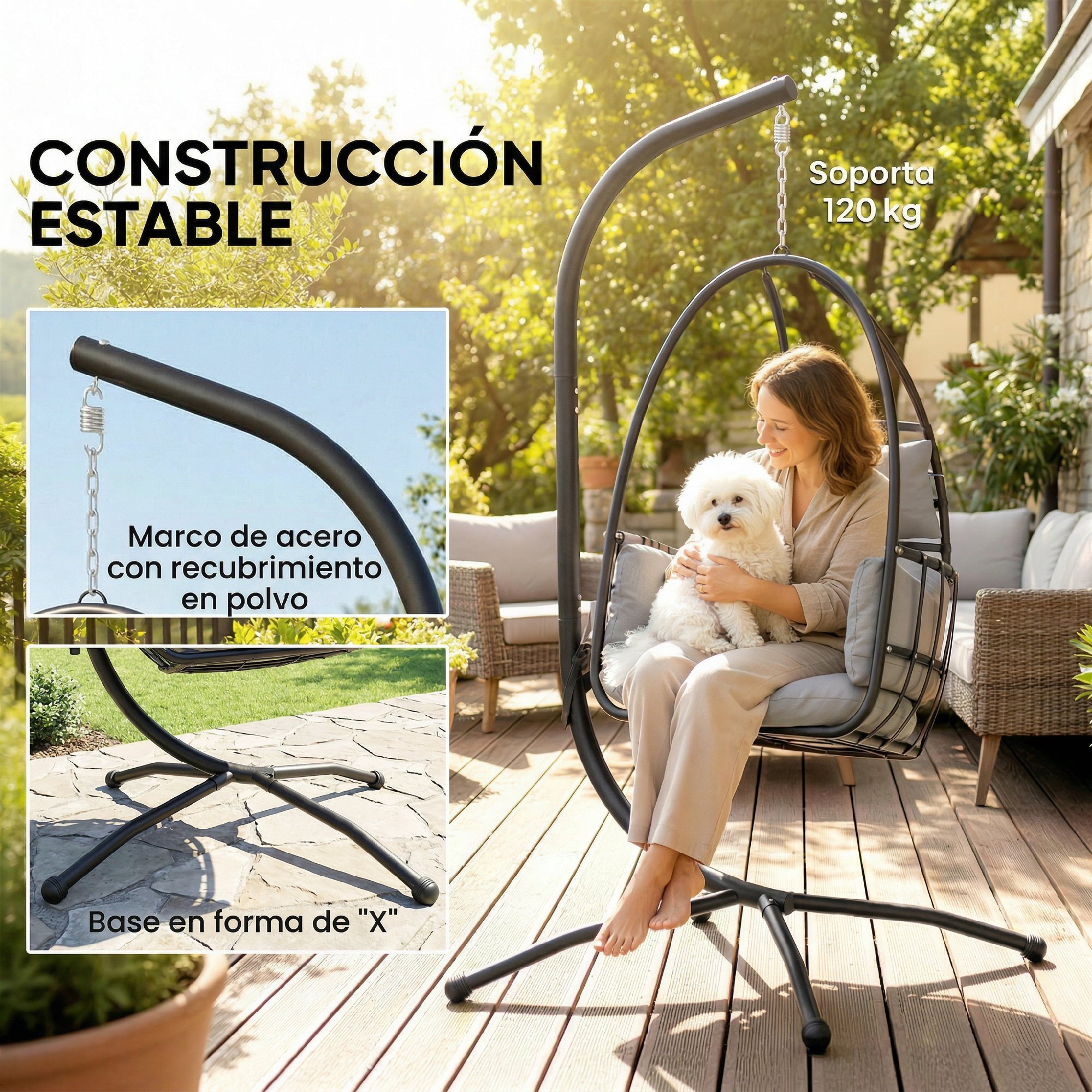 Silla Colgante Huevo con Soporte, Columpio de Jardín Exterior con Cesta Plegable, Reposacabezas, Cojín, Bolsillo Lateral, Columpio Colgante para Interior y Exterior, Carga 120 kg, Gris Oscuro