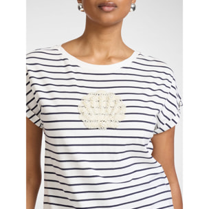 Elena Mirò - Camiseta de algodón a rayas con bordado - Blanco