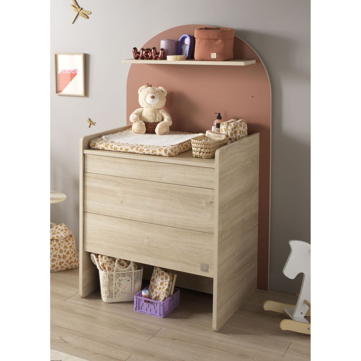 Commode à langer évolutive en bureau - décor bois chêne sépia forme arche