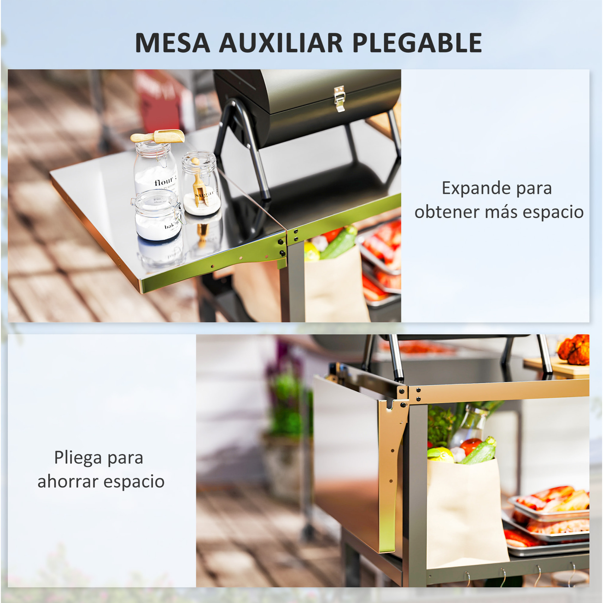 Carrito de Parrilla de 3 Niveles Carrito de Barbacoa Carro de Servicio con Ruedas Estantes Encimera de Acero Inoxidable Lateral Plegable y Asa Mesa de Horno de Pizza para Jardín Patio Negro