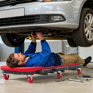 Chariot de visite mécanicien pliable tabouret d'atelier mobile 2 en 1 acier noir synthétique rouge