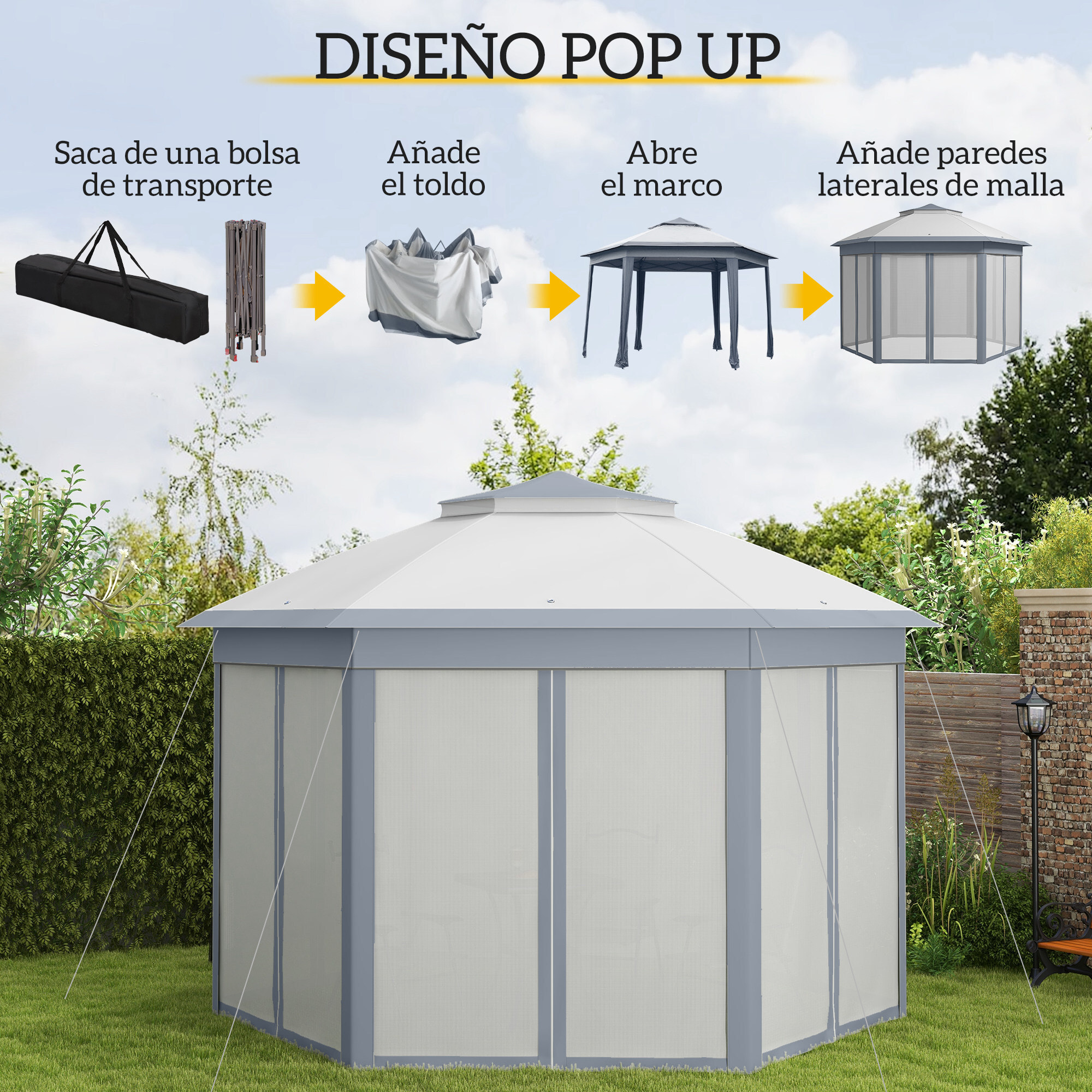 Carpa Plegable 4x3,4 m, Cenador de Jardín Hexagonal con Doble Techo, 6 Mosquiteras Extraíbles y Bolsa de Transporte, Impermeable, Anti-UV para Exterior, Fiestas, Gris