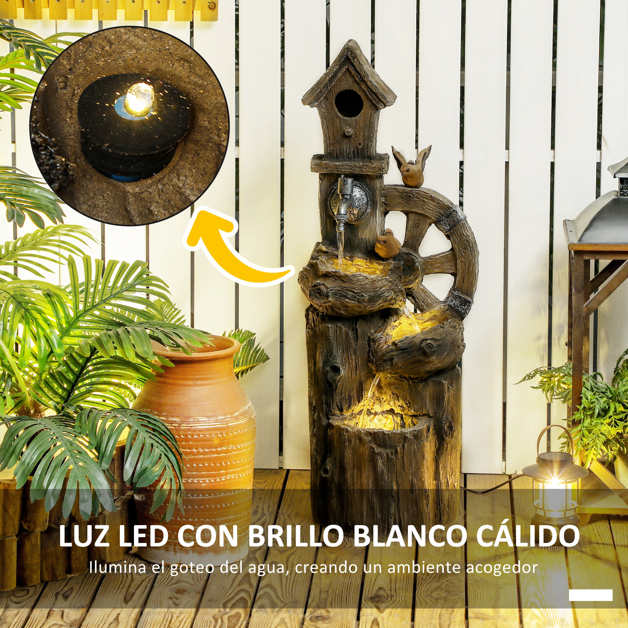 Fuente de Agua 2 en 1 con Casita para Pájaros Fuente de Jardín con Iluminación LED Fuente Decorativa en Cascada de 4 Niveles para Jardín Patio Terraza 34,5x29,5x92 cm Multicolor