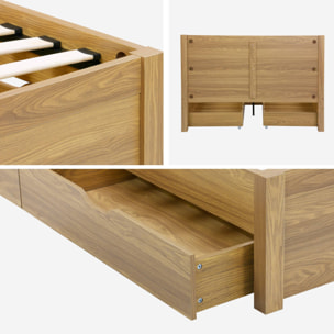 Lit avec sommier à lattes et tête de lit 140 x 190cm + 4 tiroirs décor bois NEPAL