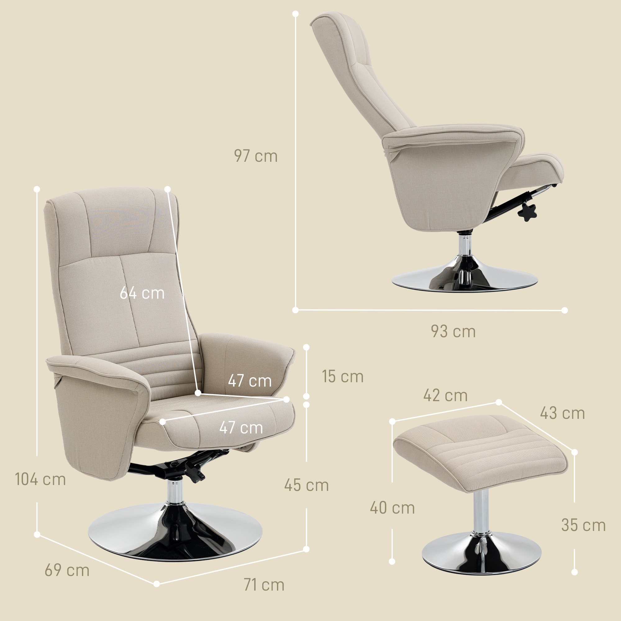Fauteuil relax style contemporain - pivotant, dossier inclinable, repose-pied - piètement acier chromé tissu beige