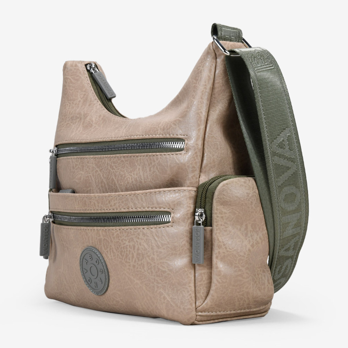 Bolso bandolera beige con cremalleras verdes