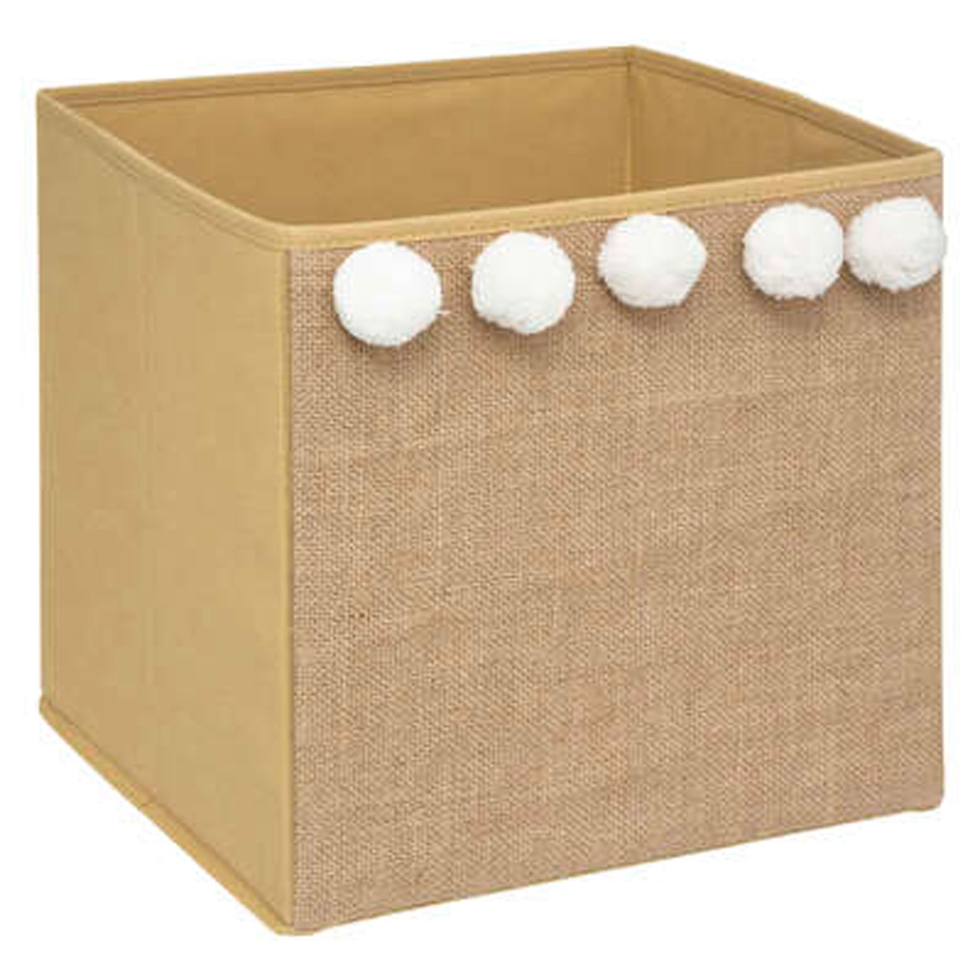 Caja de almacenamiento infantil con pompones color marron caramelo - 29 x 29 x 29cm