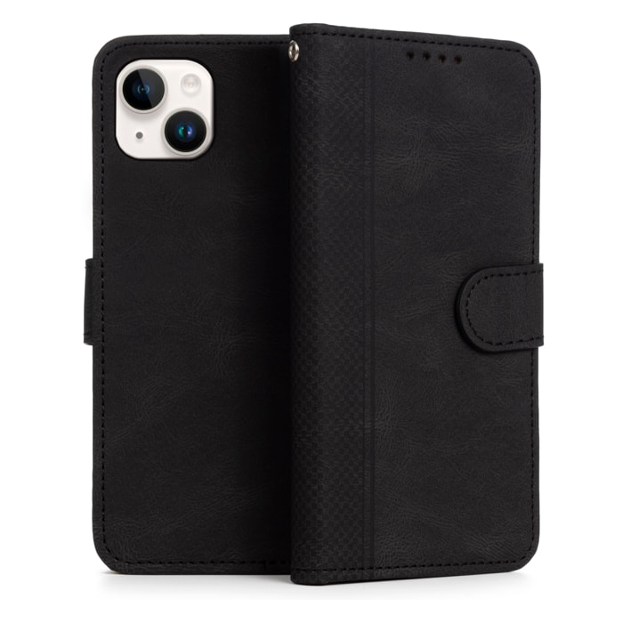 Custodia antiurto a libro in similpelle per iPhone 15 Plus. Portacarte interno, cinturino da polso removibile.