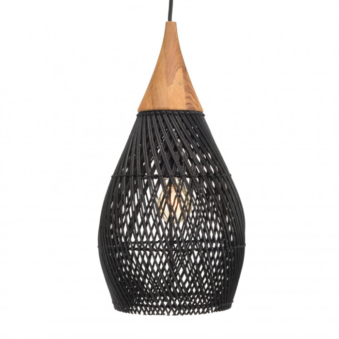 ALIDA - Suspension 'goutte' 25x25cm en rotin couleur noire et teck