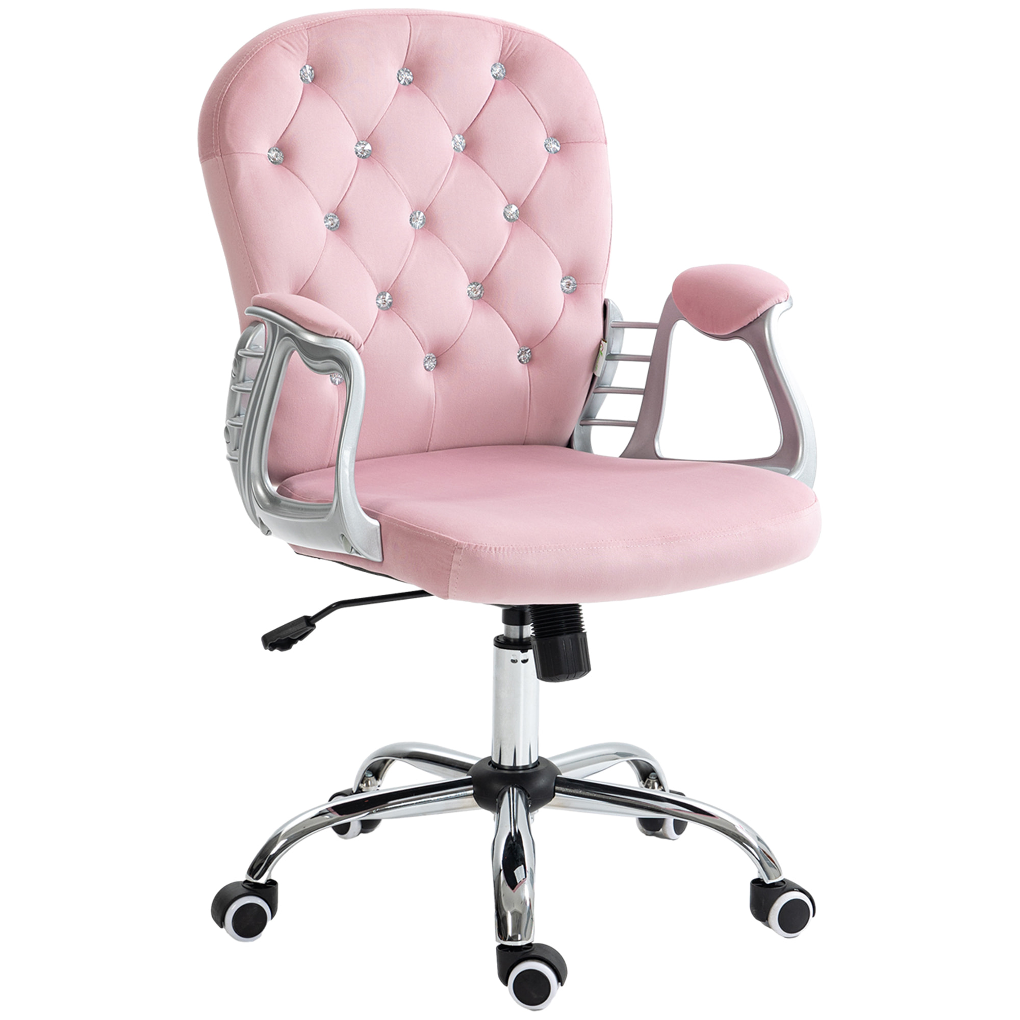 Silla de Escritorio Tapizada en Terciopelo Silla Giratoria con Altura Ajustable Reposabrazos y Decoraciones de Diamantes Carga 120 kg Silla para Estudio Dormitorio 59,5x60,5x93-103 cm Rosa