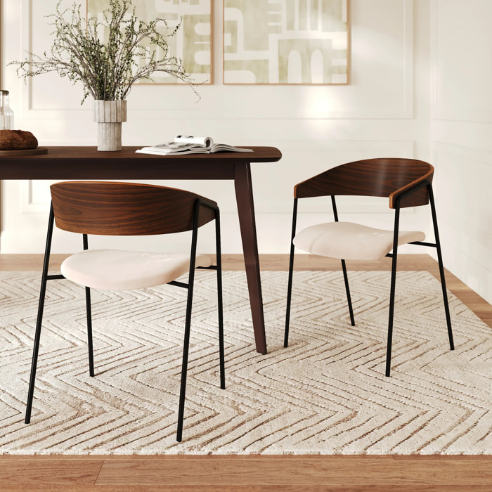 Lot de 2 chaises en velours blanc cassé et bois de noyer - Esmée