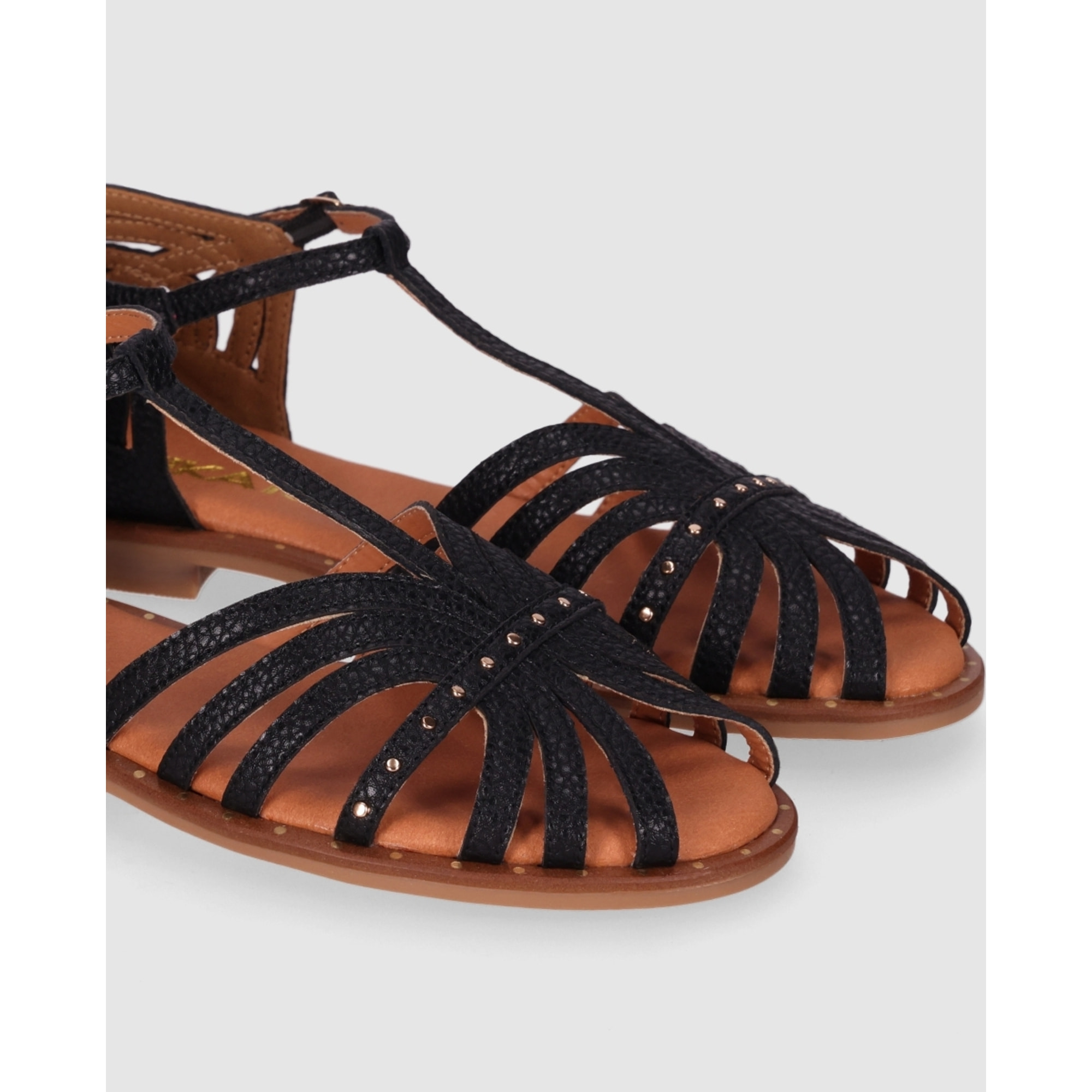 Sandalias de Piel - Negro - Tacón: 1 cm
