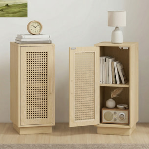 Conjunto de 2 Mesitas de Noche con Puerta de Ratán, Mesillas de Noche, Estilo Boho, con Estante Ajustable, Mesitas para Espacios Pequeños, Salón, Dormitorio, 25x30x60 cm, Madera Natural