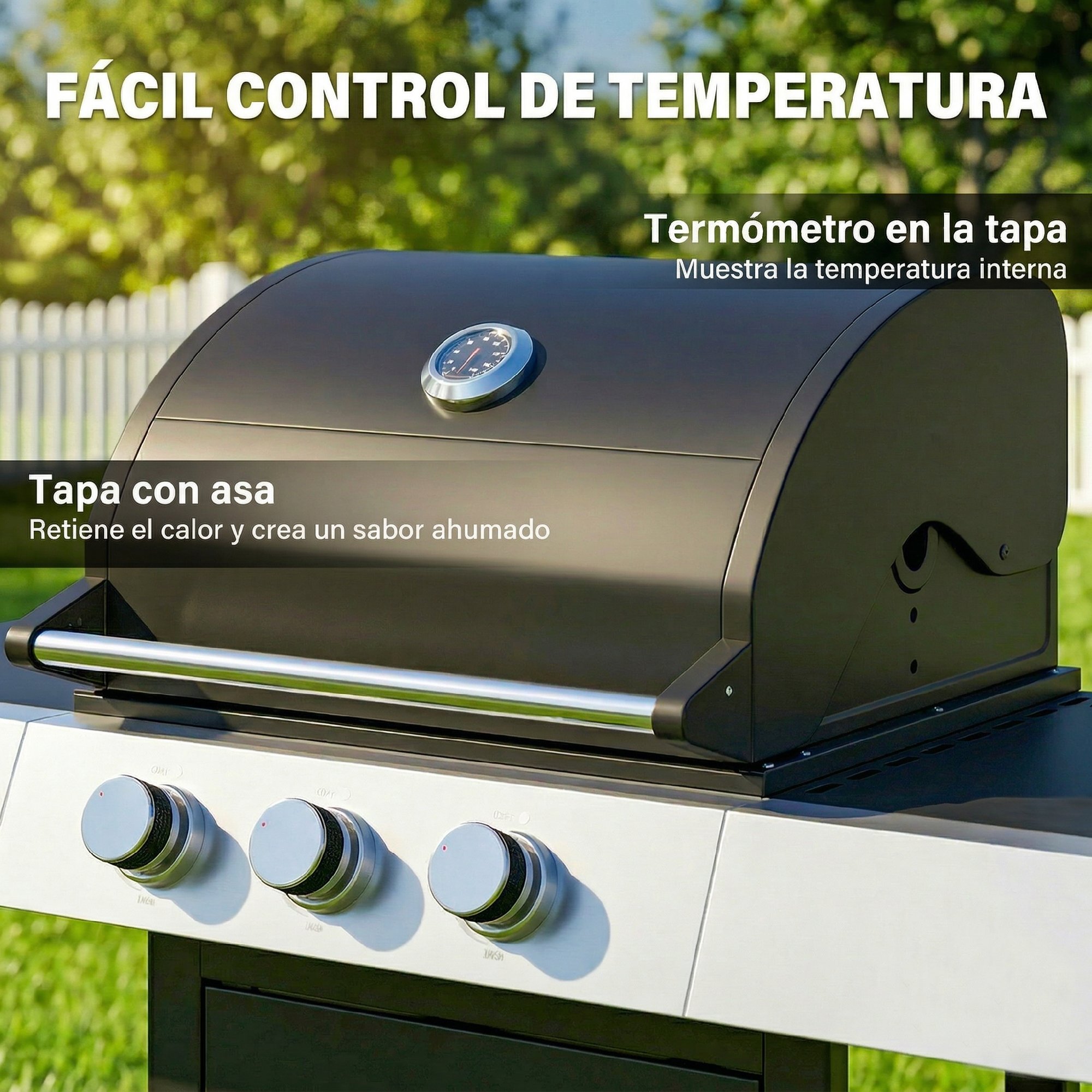 Barbacoa de Gas BBQ Gas con 3 Quemadores 8,1 kW Barbacoa Portátil con Termómetro Mesas Laterales Armario Rejilla Calentadora Parrillas de Hierro Fundido Recogedor Grasa y 4 Ruedas Negro