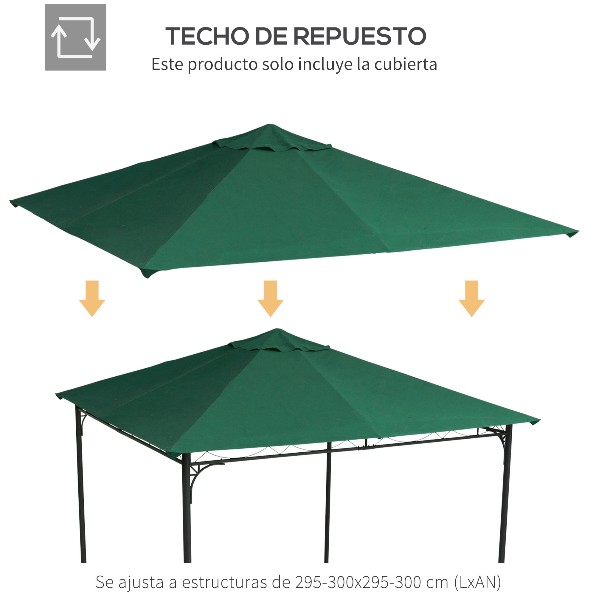 Techo de Repuesto 2,98x2,95m para Cenador de Jardín Cubierta de Repuesto de Gazebo Pabellón Exterior con 8 Orificios de Drenaje y Ventilación Verde