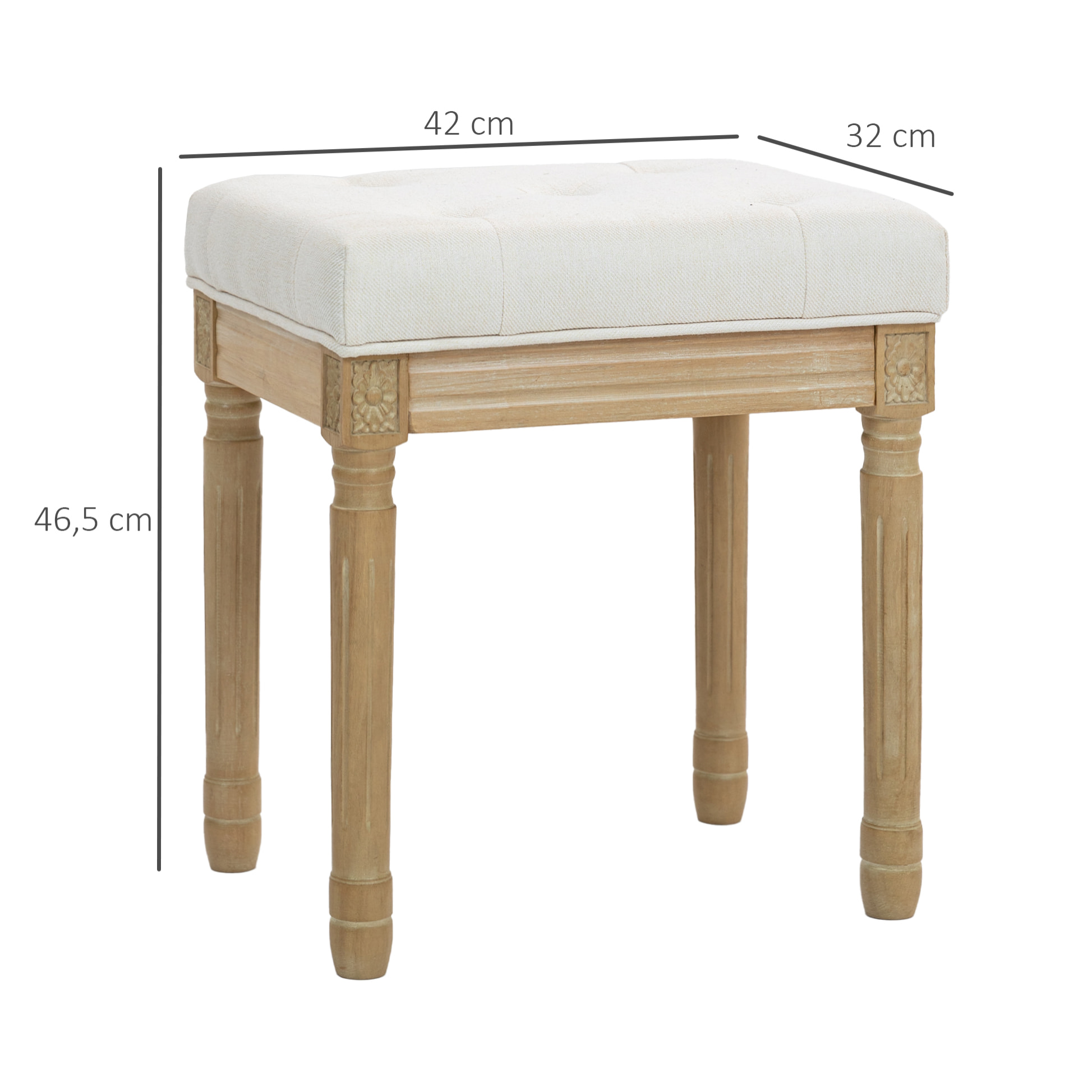 Reposapiés Salón Rústico, Taburete Bajo Tapizado en Lino Sintético con Patas Talladas de Madera, Otomana para Dormitorio, Sofá, Beige