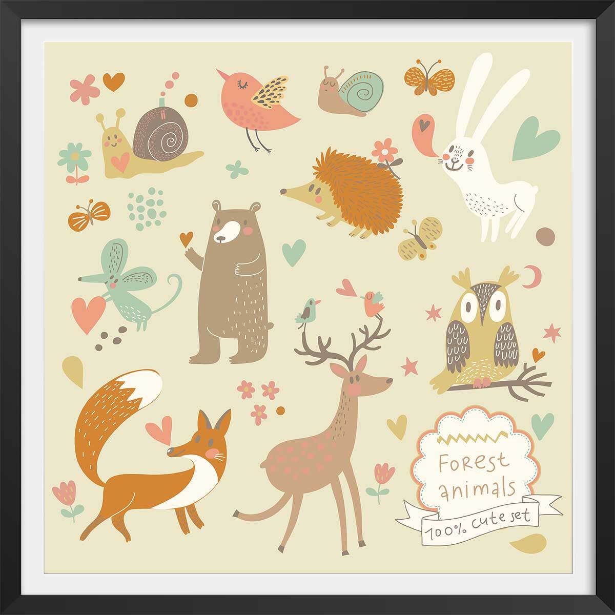 Affiche enfant cute set forest animals Affiche + cadre en bois - Noir