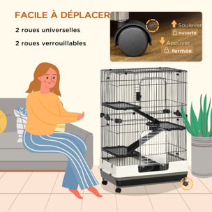 PawHut Cage pour cochons d'Inde chinchilla rongeur sur roulettes - 3 étages, rampes, 2 portes + trappe, plateau excrément amovible - métal PP noir gris