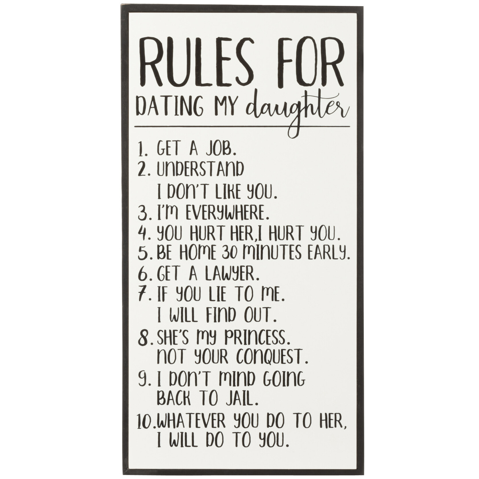 J-Line Pancarte Rules For Dating My Daughter Bois/Ceramique Blanc/Noir