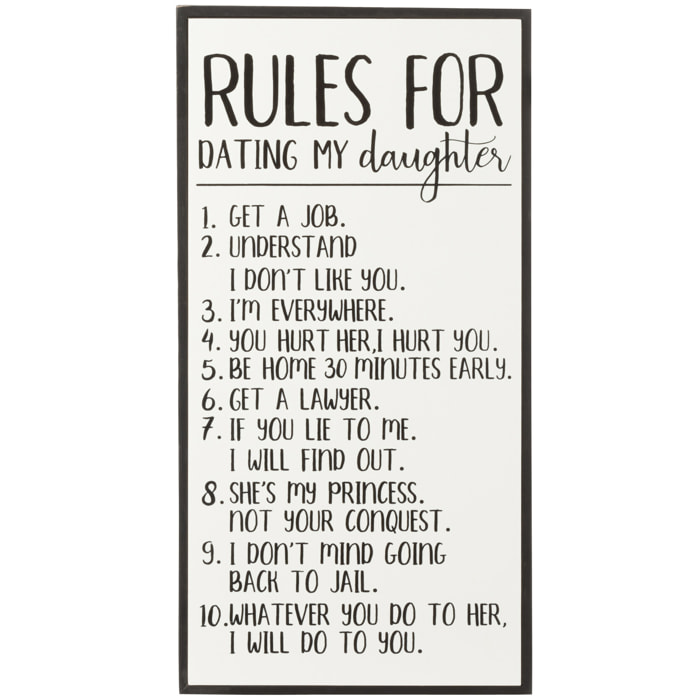 J-Line Pancarte Rules For Dating My Daughter Bois/Ceramique Blanc/Noir