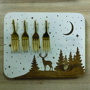 Plateau a fromage bois cerf rectangulaire et 4 fourchettes dorees