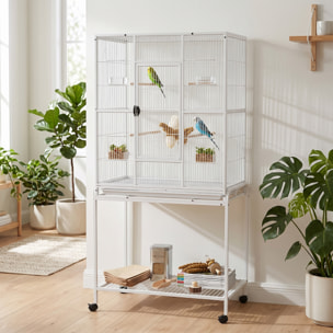 Cage à oiseaux portable avec 4 mangeoires et 4 perchoirs pratique 81 x 48 x 162 cm blanc
