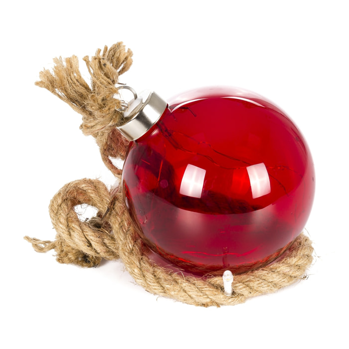 DAM Bola de 9cm. decorativa de navidad con 14 LED. Cuerda natural para colgar de 60cm. 65x9,5x9,5 Cm. Color: Rojo