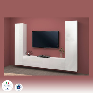 Parete attrezzata Giordano, Set salotto porta TV a 3 ante, Mobile soggiorno multiuso, 100% Made in Italy, cm 260x30h180, Bianco lucido