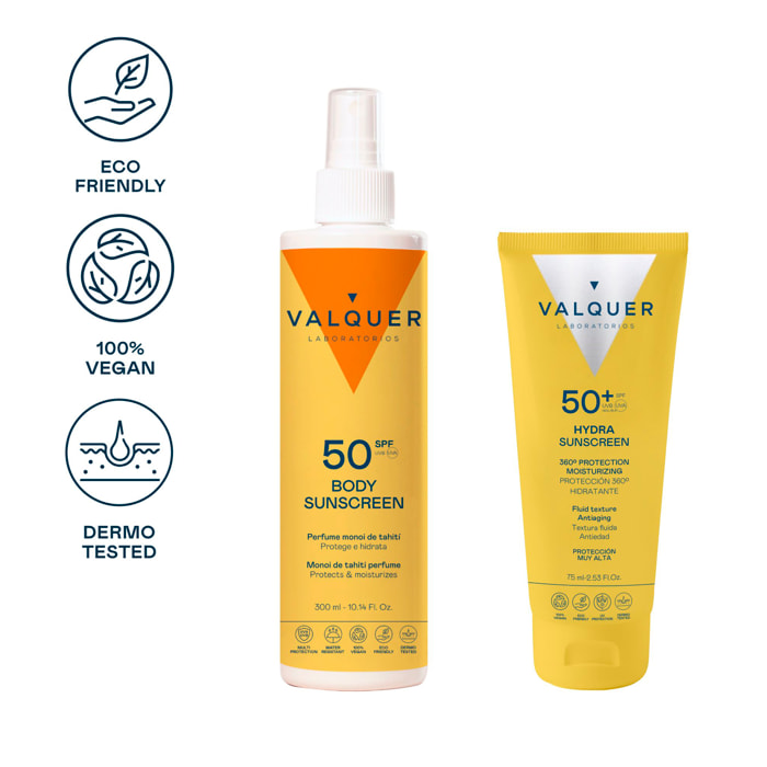 Valquer Pack Protección Solar Completa: Hydra Sunscreen Facial SPF 50+ y Corporal SPF 50